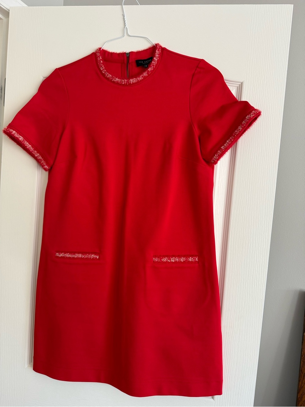 Ted Baker Red Short-Sleeve Shift Dress with Fringe Trim